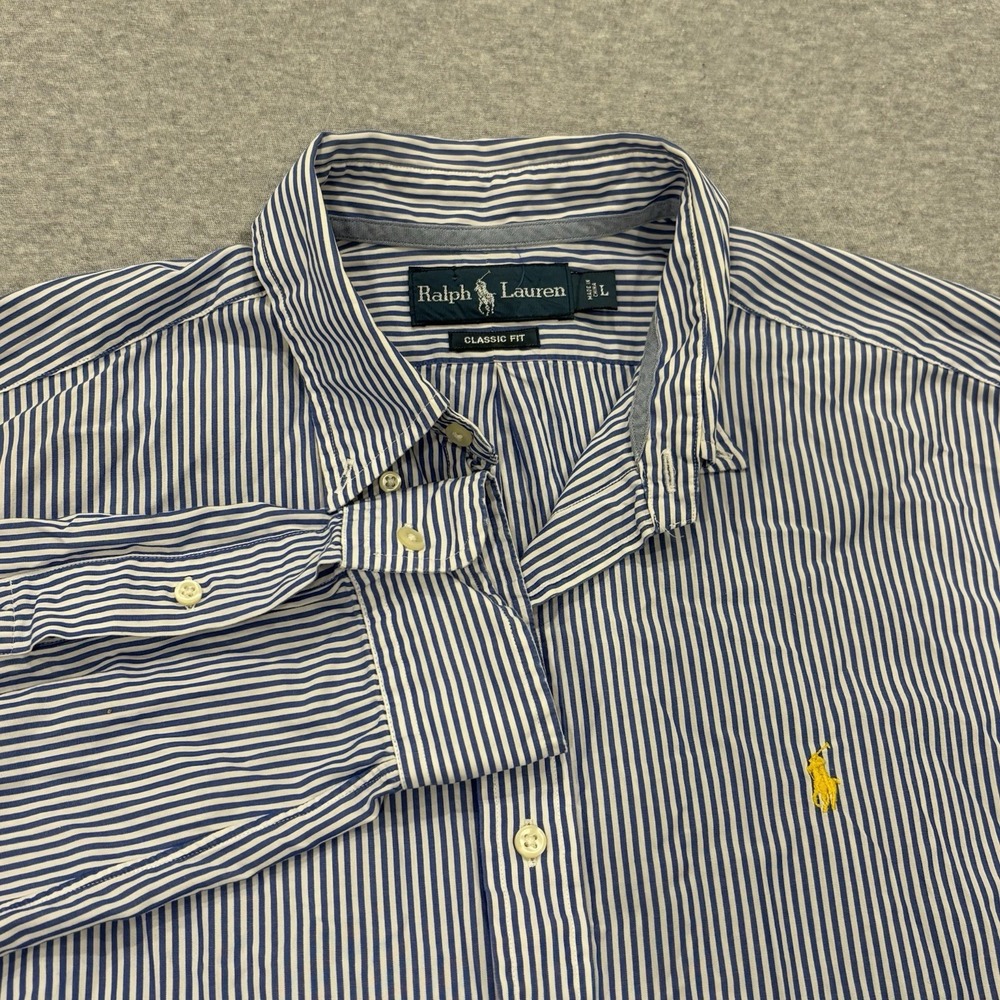 Polo Ralph Lauren Button Down Shirt Mens Size L Blue/White Vertical Striped Pony